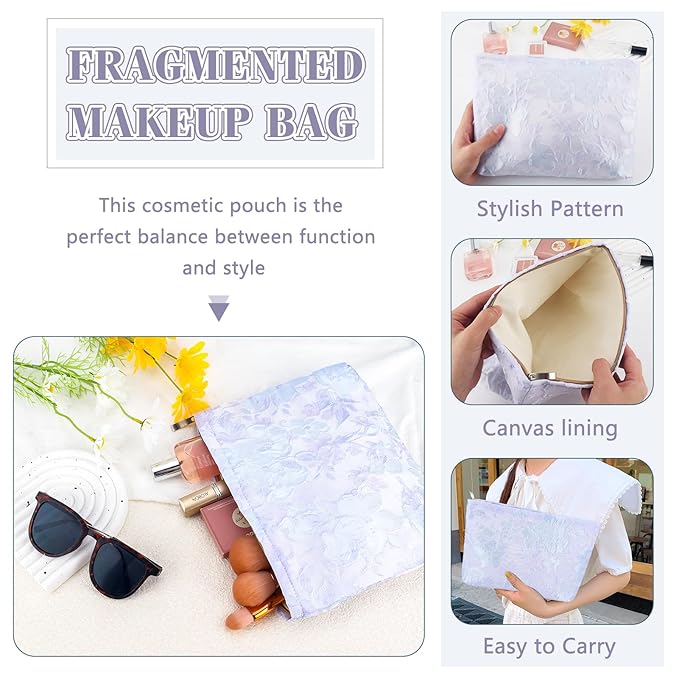 ZLFSRQ Flower Makeup Bag for Women Girls Teens Travel Cute Floral Cosmetic Bags Large Zipper Cosmetic Pouch Purse Portable Toiletry Bag Aesthetic Embossed Blue Purple Makeup Brushes Storage Organizer