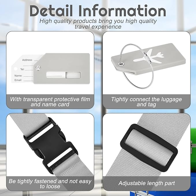 Weewooday 8 Pcs Luggage Straps Suitcase Tags Set for TSA Approved, 4 Travel Adjustable Suitcase Belt, 4 Silicone Luggage Tags with Name ID Card Travel Accessories(Light Gray,Airplane)