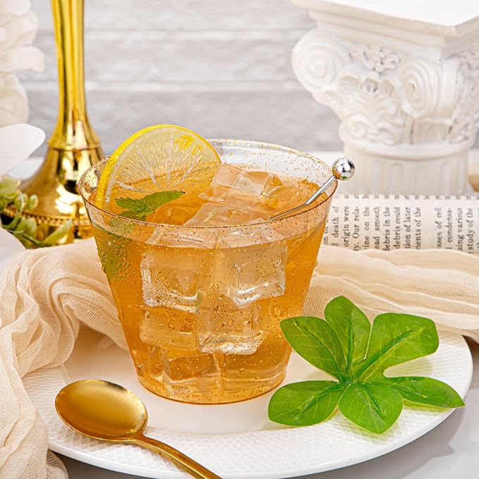 Hioasis 200Pcs 9OZ Gold Glitter Plastic Cups - Gold Plastic Cups, Heavy Duty & BPA-free for Party, Wedding, Celebrations