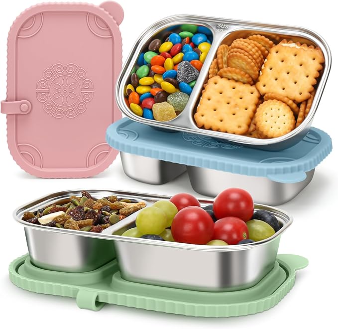 3 Pack Stainless Steel Snack Containers, 2 Compartment Snack Containers with Leakproof Silicone Lids, Divided Meal Prep Lunch Box Food Container for Travel, Outdoor, Camping (15.84 OZ)