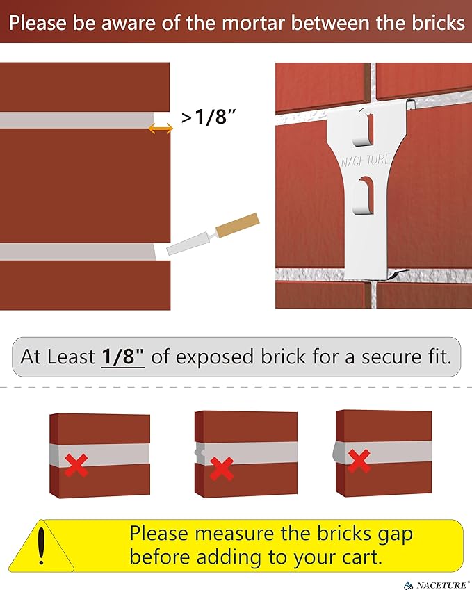 NACETURE Brick Hook Clips (4 Pack) – No-Drill Brick Hangers for 2.25"–2.40" Bricks, Require ≥1/8" Mortar Recess, Holds up to 25 lb – Outdoor Wreath & Light Clips