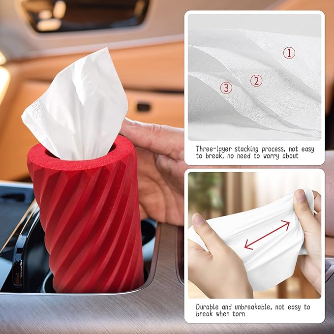 Car Tissue Holder, Refillable Round Cylinder with 3 Tissue Packs, Universal Fit for Vehicle Cup Holder, Home & Office, Car Accessories Interior (Red)