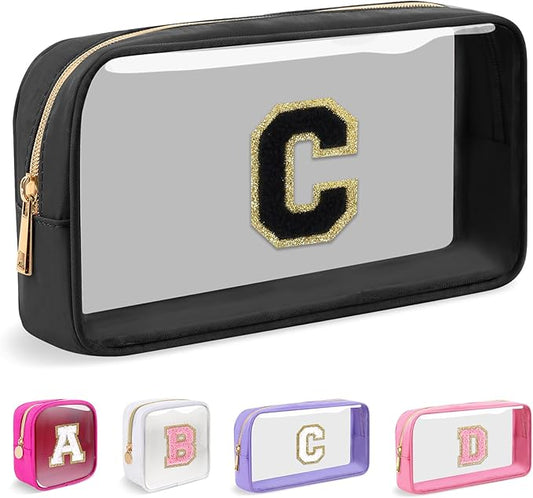 Small Clear Personalized Initial Makeup Bag,Nylon Preppy A-Z Chenille Letter Patch Cosmetic Pouch Beach Toiletry Bag,Waterproof Zipper Travel Purse Storage Bag Organizer for Women Girls(Black-Black C)
