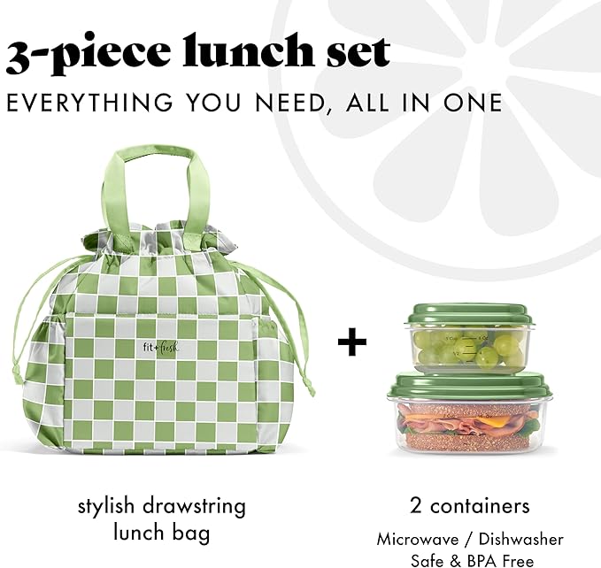 Fit & Fresh Cromwell Drawstring Lunch Bag for Women, Complete Lunch Set with 2 Containers, Stain-Resistant, Leak-Resistant, Back to School Essential, Teacher Lunchbox, Pistachio Checker Board