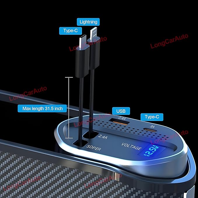 5 in 1 Car Seat Gap Filler Organizer with Wireless Charger and Cigarette Lighter, 2 Charging Cables, Retractable Charging Cords iOS Type-C USB Port Fast Charge Storage Box Cup Holder
