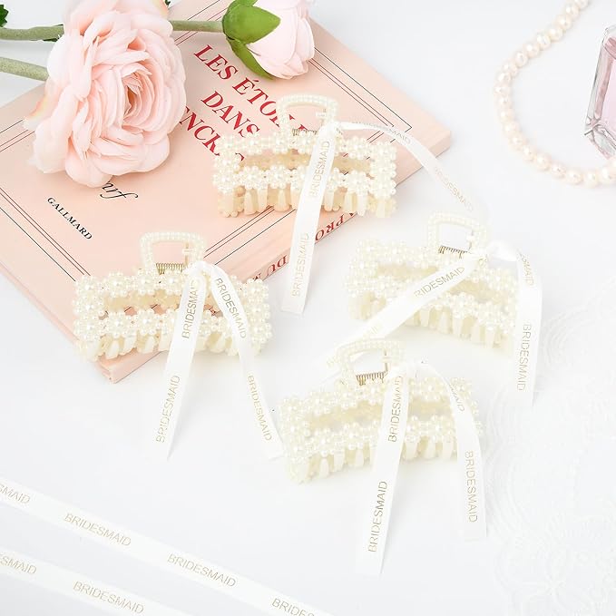 8 PCS Pearl Bridesmaid Gifts Rectangle Hair Claw Clips with Ribbon 3 Inch Hair Hccessories for Wedding Bachelorette Party Favors