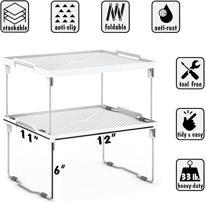 ums Kitchen Shelves Cabinet Organizer, Stackable Freezer Rack, Cupboard Box Organizer, Shelf Riser, Usable Storage Rack for Spice, Fridge Shelf Riser, (12x11 inch), Pack of 2