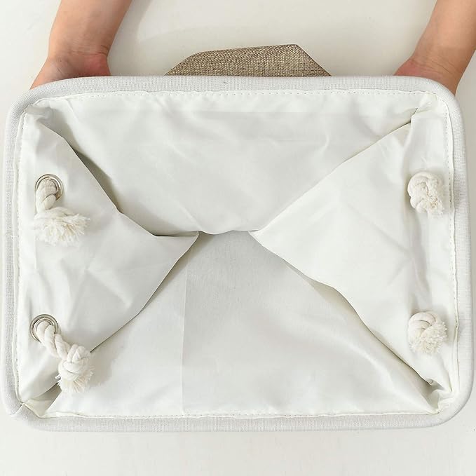 Sacyic Fabric Storage Baskets - Rectangular Baskets for Organizing Fabric, Shelves & Decorative Use (White & Khaki)