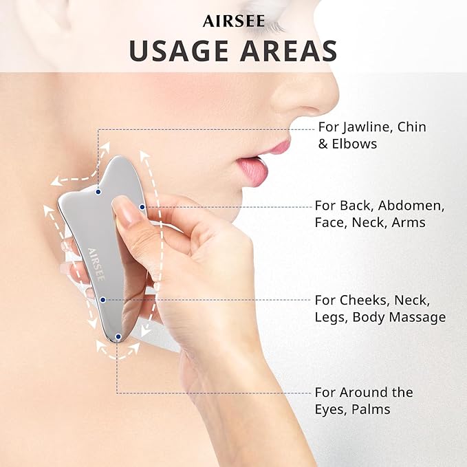 AIRSEE Gua Sha Facial Tools, Stainless Steel Gua Sha Board, Tighten Skin Massage, Beauty Tool for Body Eyes Neck Metal Massager with Travel Pouch Skin Care Gifts (Silver)