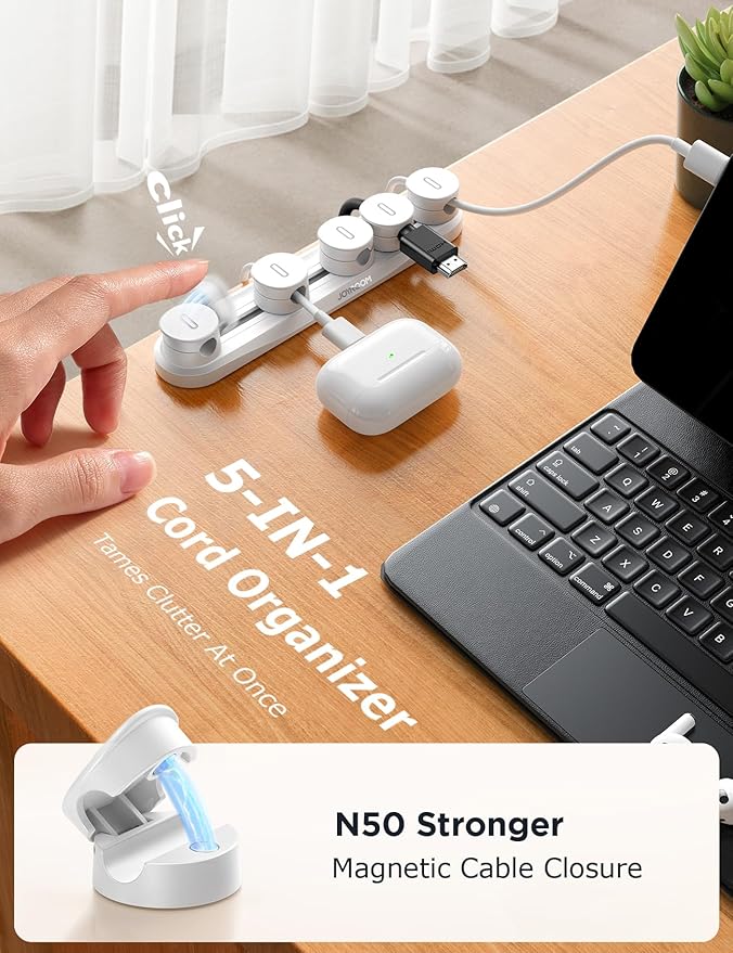 5-in-1 Magnetic Cord Organizer JOYROOM Cable Clips [Adjustable Sliding Track] Under Desk Adhesive Cord Management Wire Keeper for Computer Phone, Office Workspaces Table Organization Home Accessories