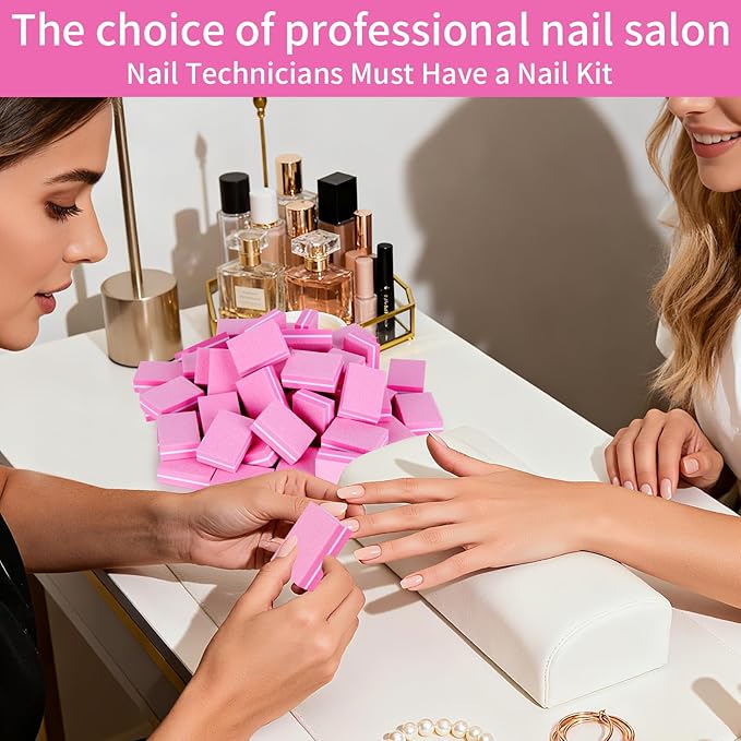50PCS Mini Nail Buffer Block,Nail File,100/180 Grit Double Sided Sponge Files,Disposable Professional Manicure Prep Buffers for Acrylic & Natural Nails,Travel Size(Pink)