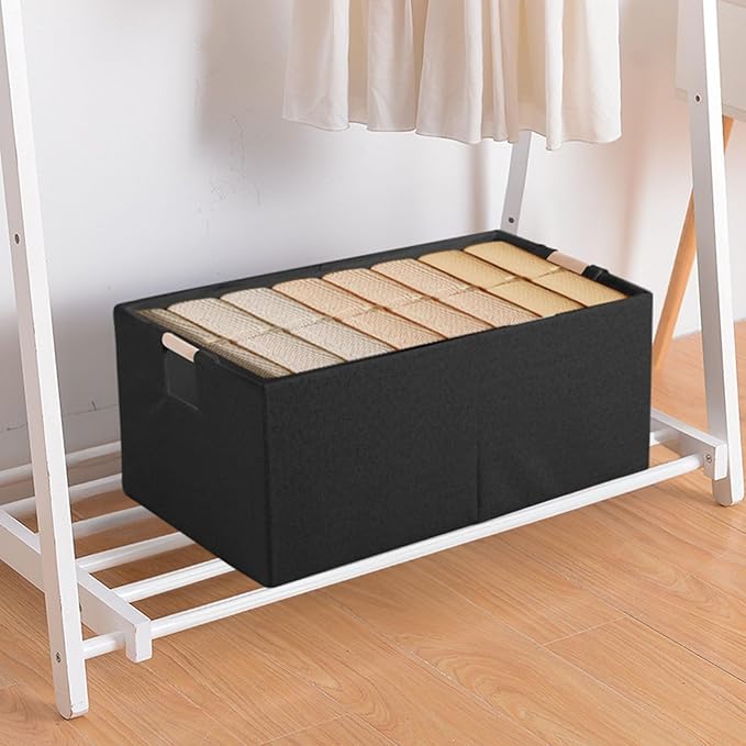 Fabric Storage Bin Box Foldable Cotton Linen Storage Basket with Wooden Handles Rectangular Cube Decorative Home Laundry Organizer Clothes Blanket Container – Black, Large