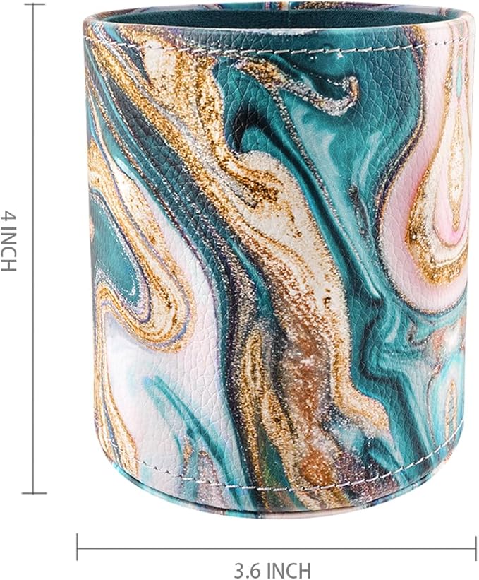 WAVEYU Pen Holder for Women Girls, Pencil Cup Marble Desk Decor, Makeup Brush Holder Large Pu Leather Multi-Functional Organizer Cup for Office, Classroom, Home, Green+Gold
