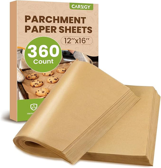 CAREGY 360Pcs Unbleached Parchment Paper Sheets, 12 x 16 Inch,Precut Non-Stick Parchment Paper for Baking,Cooking, Grilling, Air Fryer and Steaming,Fit for Half Sheet Pans