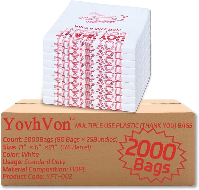 2000 Count Plastic Bags with Handles, T-Shirt bags, Thank You bags, Grocery bag, Shopping bag, |for Store, Supermarket, Retail, Carry, Pack|, White, 1/6 Barrel, Large Size 11"x6"x21"