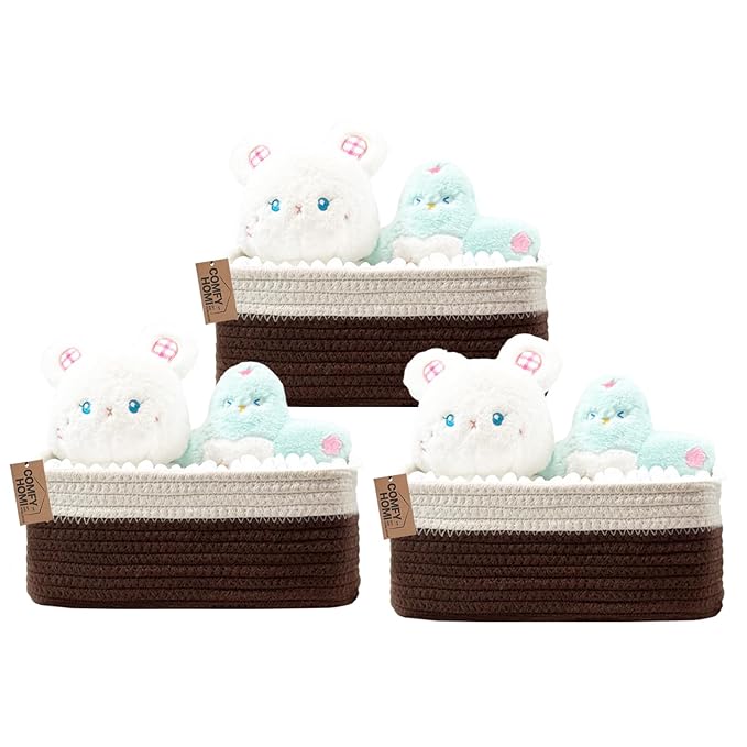 COMFY HOMI 11.5"x7.5"x4.7" Storage Baskets for Organizing | Cotton Rope Woven Basket | Toy Storage Bin Box | Basket for Shelves, Closet Organizer Bin, Decorative Closet Shelf, 3 Pack, dark brown/white