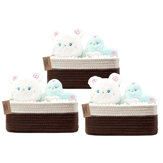 COMFY-HOMI 13" x 8.5" x 5.1"Storage Baskets for Organizing | Cotton Rope Woven Basket | Toy Storage Bin Box | Basket for Shelves, Closet Organizer Bin, Decorative Closet Shelf, 3 Pack,WHT/dark brown
