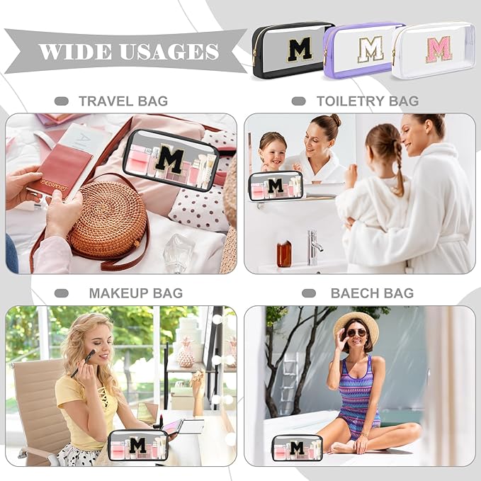 Personalized Initial Letter Clear Makeup Bag, Preppy Small Nylon & PVC Cosmetic Zipper Bag with Chenille Letter, Travel Skincare Toiletry Bag, Monogram Christmas Gift for Teen Girls Women, M