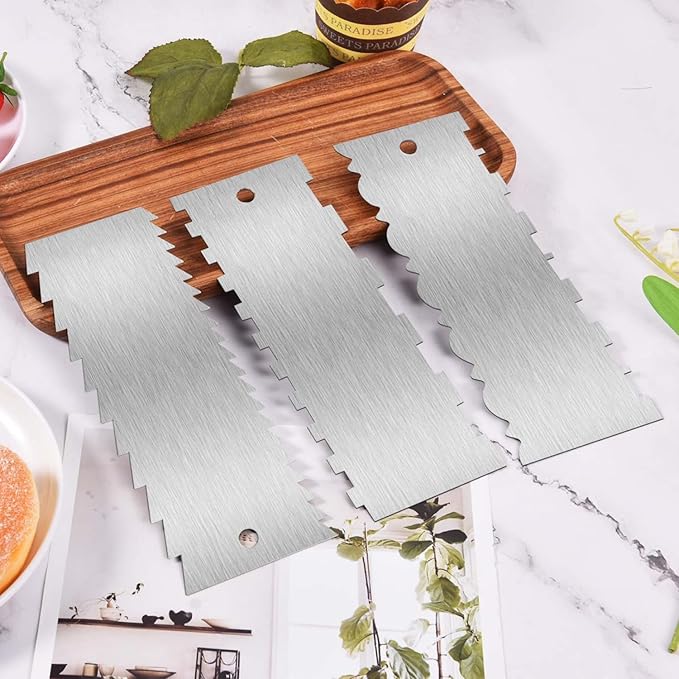 SenseYo 3 Pcs 9 Inch Stainless Steel Cream Cake Scraper Smoother Comb with Double Sides for Decorating Icing Mousse Butter