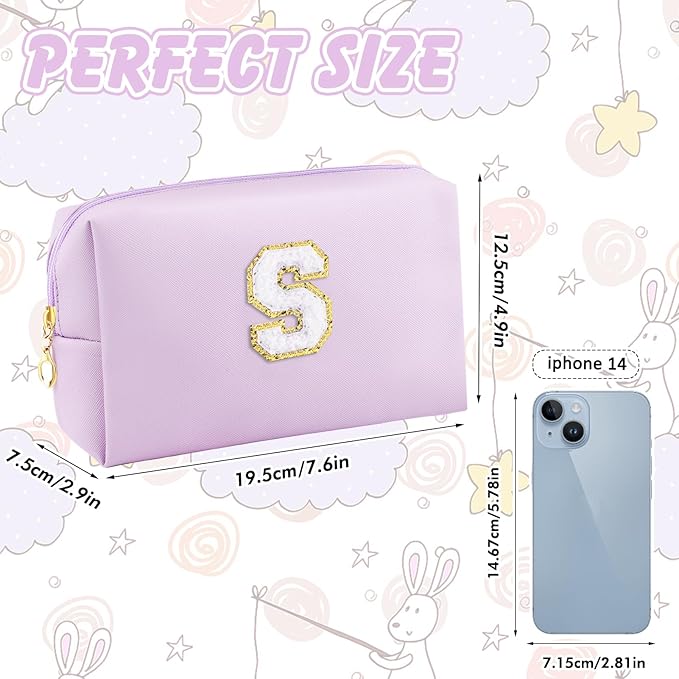 Gifts for Girls Initial Makeup Bag Personalized Cosmetic Bag with Zipper Cute Travel Toiletry Bag Waterproof PU Preppy Makeup Pouch Birthday Gift for Teen Girls Women(Purple S)