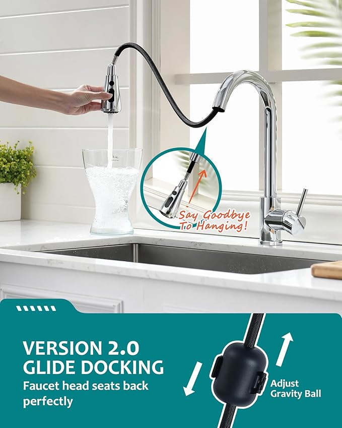 Chrome Kitchen Sink Faucet, Kitchen Faucet with Pull Down Sprayer VFAUOSIT Commercial Stainless Steel Laundry Single Handle Faucet for Kitchen Sink Chrome, Grifo para Fregaderos de Cocina