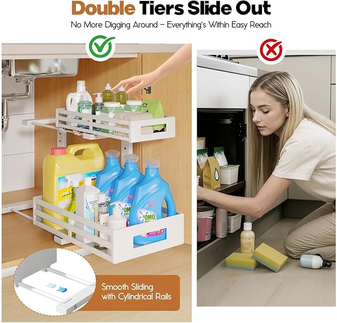 1-Pack Under Sink Organizers and Storage, 2-Tier L-Shape Pull Out Cabinet Organizer with Round Tube Slide Rails, Height Adjustable Slide Out Drawers for Kitchen & Bathroom, Multi-Purpose Storage Shelf - White
