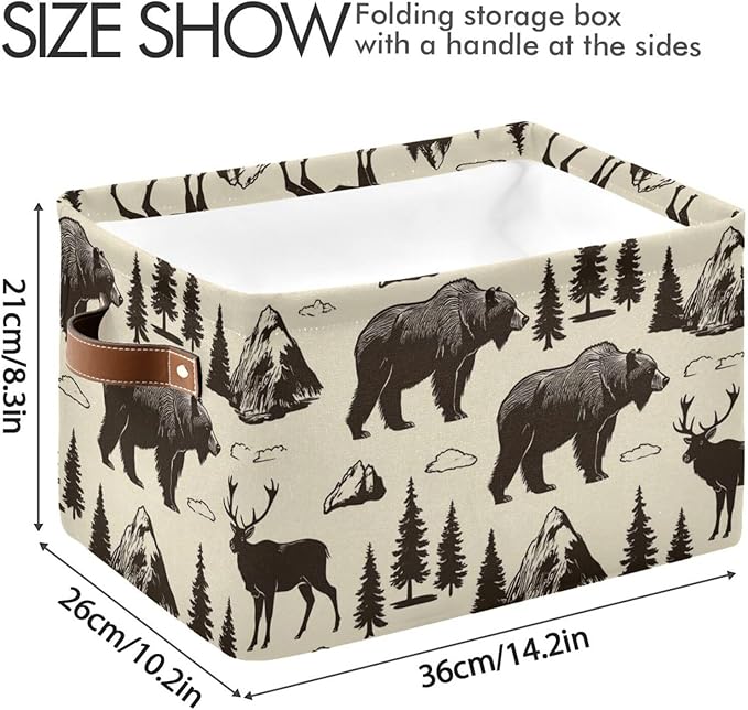 Aslsiy Storage Vintage Deer Bear Moose Nursery Bins National Park Baby Box Canvas Clothes Shelf Basket Laundry Hamper Gift for Home Closet 2 Pcs