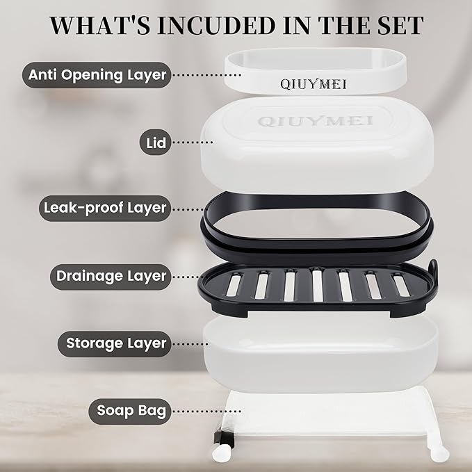 Travel Soap Box,soap Bar Holder Dish Container Case with Soap Bag & Silicone Band,Strong Sealing Leak Proof Portable,Best for Bathroom/Camping/Gym/Business Trip (White)