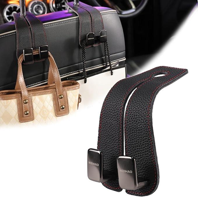 WEIHAO Car Purse Hook, Genuine Leather Car Seat Back Storage Hook, Purse Hook for Car Headrest, Twin Hook Leather Car Headrest Hangers, Bag Hook for Car, Trucks, SUVs, Most Vehicles (Black-1 PC)