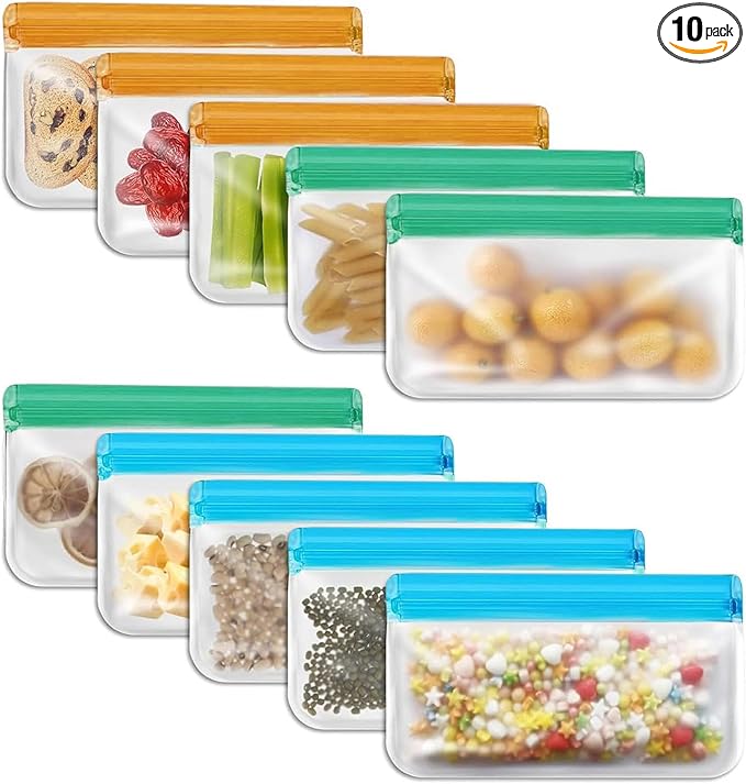 10 Pack Dishwasher reusable bags Silicone,BPA Free, Leakproof Freezer Bags, reusable silicone bags for Lunch Marinate Food Travel -10 Snack Bags