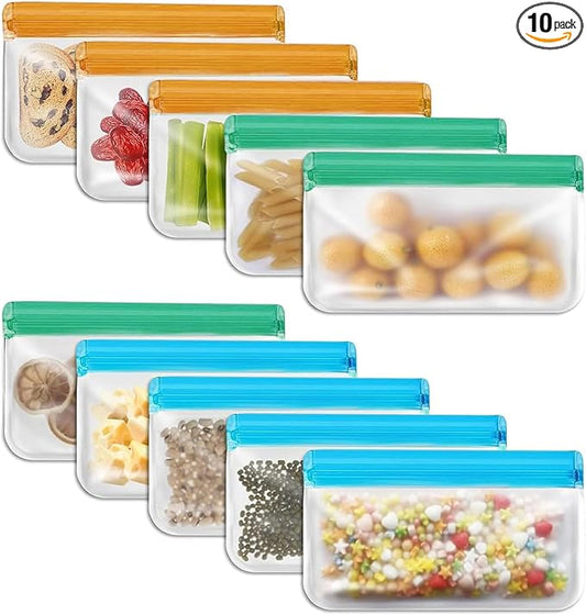 10 Pack Dishwasher reusable bags Silicone,BPA Free, Leakproof Freezer Bags, reusable silicone bags for Lunch Marinate Food Travel -10 Snack Bags