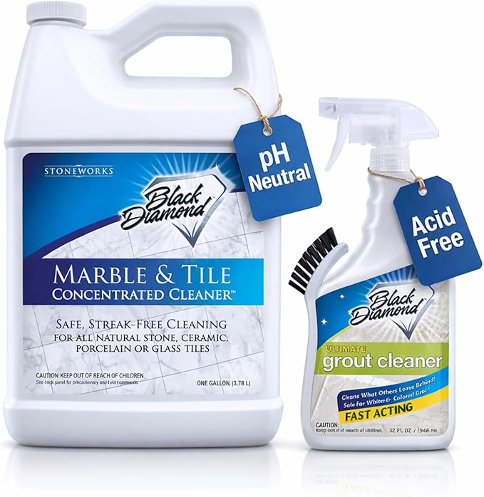 Black Diamond Stoneworks Marble & Tile Cleaner Gallon + Ultimate Grout Cleaner with Brush Quart (2-Pack) – Safe for Natural Stone, Deep Grout and Tile Cleaning to Restores Shine