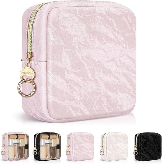 5.5" Small Makeup Bag for Purse, PU Leather Mini Cosmetics Bag with Ring Buckle, Portable Small Travel Makeup Pouch for Women, Birthday/Wedding/Christmas Gifts (Marble, Pink)