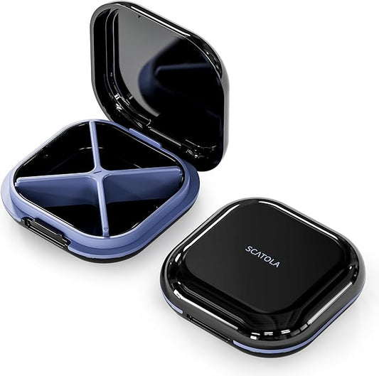 Small Pill Case, Travel Pill Organizer, Small Pill Box, Pill Container for Purse 4 Compartments, Daily Compact Travel Medicine Holder for Vitamins Medication (Black)