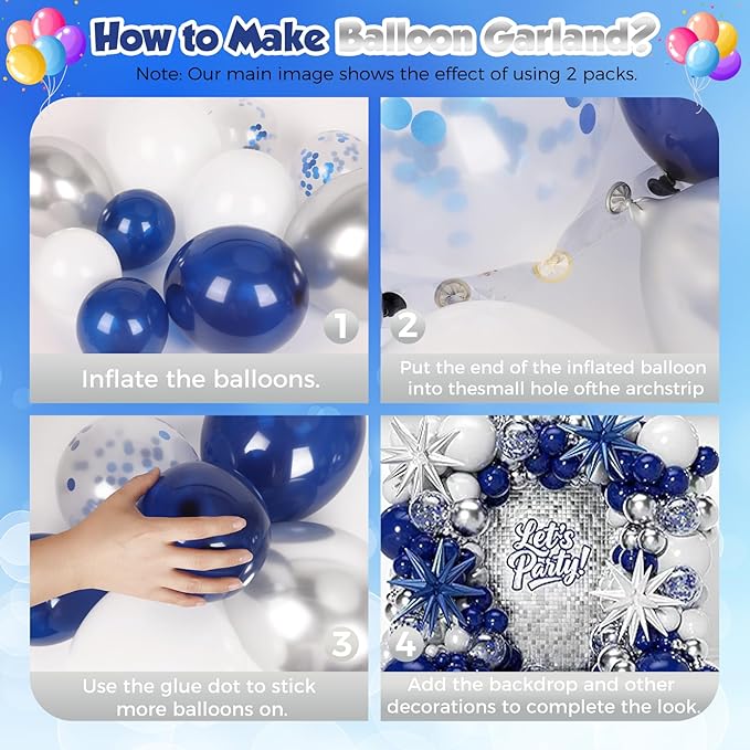 PTGOLUO 153Pcs Navy Blue and Silver Balloons Garland Arch Kit with Stars -22 18 12 10 5 inch Different Size Royal Blue White Silver Latex Balloon for Birthday Baby Shower Anniversary Party Decorations