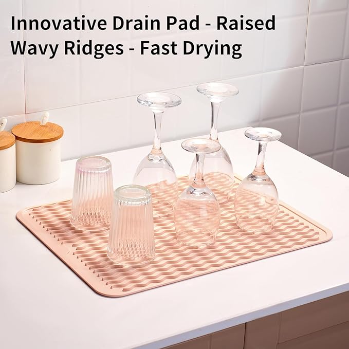 ZLR Silicone Dish Drying Mat for Kitchen Counter, Eco-Friendly Fast Dry Dish Mat, Easy Clean Multi Usage Drying Matt, Heat Resistant Trivet, 16" x 12" Large, Peach Pink
