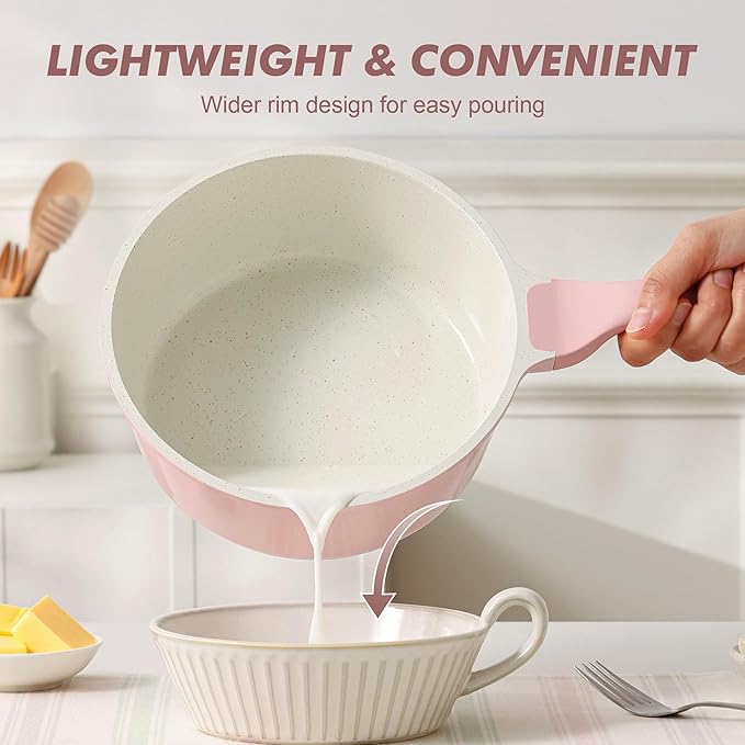 SENSARTE White Ceramic Nonstick Saucepan with Lid 2.5 Quarts, Medium Cooking Pot with Stay Cool Handle, Induction Compatible Saucepot, White Granite Coating, Free of Intentionally Added PTFE/PFOA/PFAS