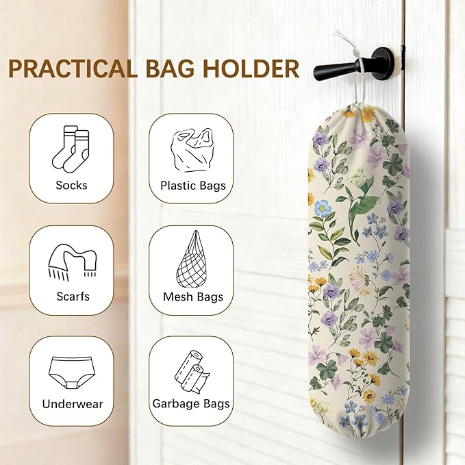 Floral Plastic Bag Holder Dispenser, Plastic Grocery Bag Organizer & Wall Mount Paper Trash Bags Saver Storage for Kitchen Home Pantry Decor, Shopping Bags Storage Dispenser