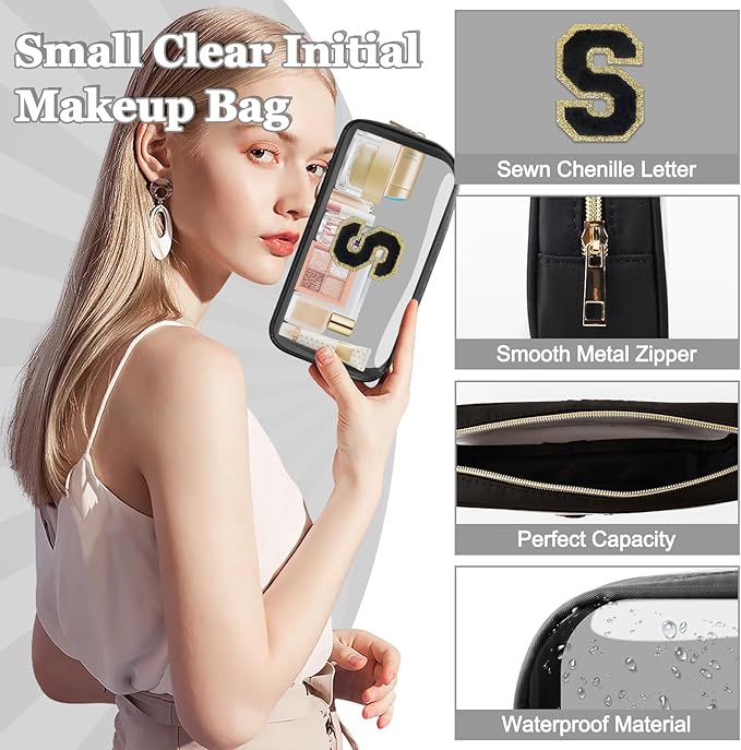 Small Clear Personalized Initial Makeup Bag,Nylon Preppy A-Z Chenille Letter Patch Cosmetic Pouch Beach Toiletry Bag,Waterproof Zipper Travel Purse Storage Bag Organizer for Women Girls(Black-Black S)