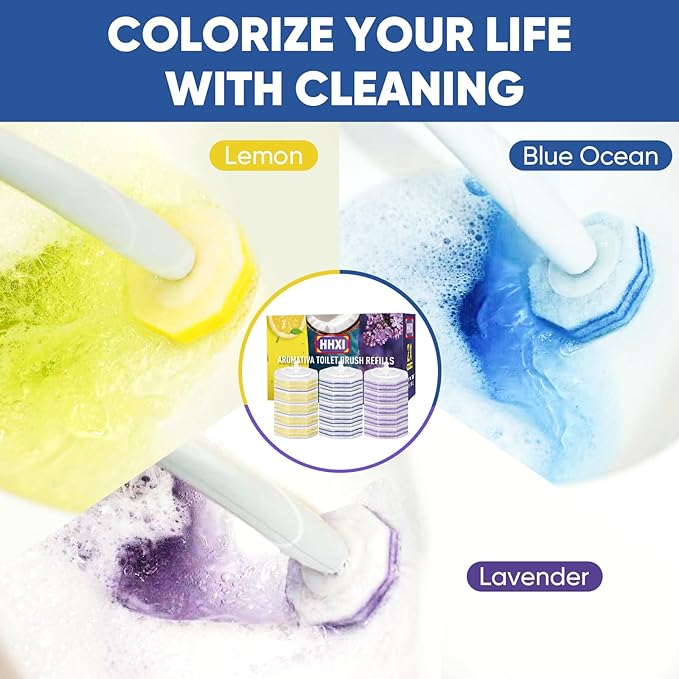 90Ct Aromative Toilet Brush Refills, Toilet Bowl Cleaner Refills, Double-Layer Cleaning Pads Added, Disposable Refill Heads for Toilet Bowl Cleaner Wands，Lemon, Blue Ocean, Lavender （Patented）