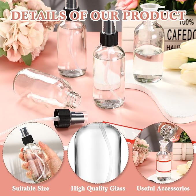 Fumete 2 Pack Glass Bottles 4oz Empty Refillable Liquid Containers with 1 Label 1 Funnel for Essential Oils Hair Travel Plants Cleaning Skin Care(Clear, Black Top,Mist Bottle)
