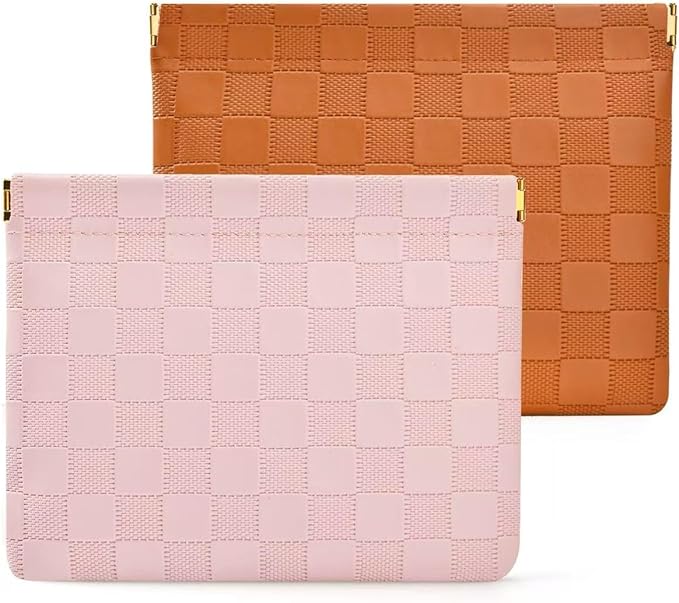 2-Pack Small Waterproof Checkered Makeup Bag - Portable Leather Travel Toiletry Bag Organizer with Snap Closure, Aesthetic Travel Storage Pouches for Women's cosmetic bag for purse (Pink&Brown)