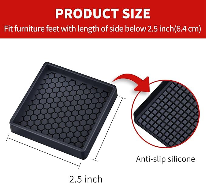 Ezprotekt Non Slip Furniture Pads, 16 Pcs 2.5" Anti Skid Rubber Furniture Caster Cups, Anti-Slip Furniture Coasters for Hardwood Floors, Anti Slide Floor Protectors for Bed Couch Stoppers (Black)