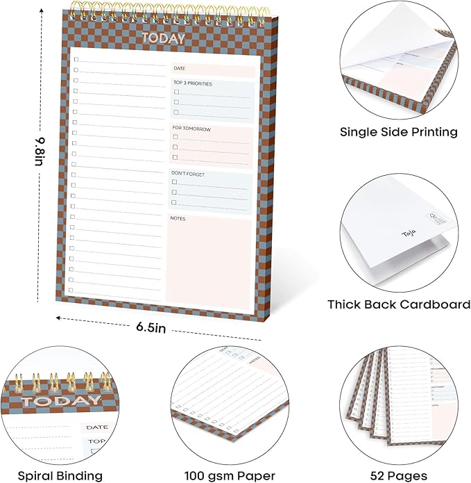 Taja To Do List Notepad - To Do List Notebook for Work with 52 Sheets, 9.8" x 6.5", Undated Daily Planner Perfect for Daily Tasks and Goal Setting, Notepad Suitable for Office, Home & School - Earth Checkered