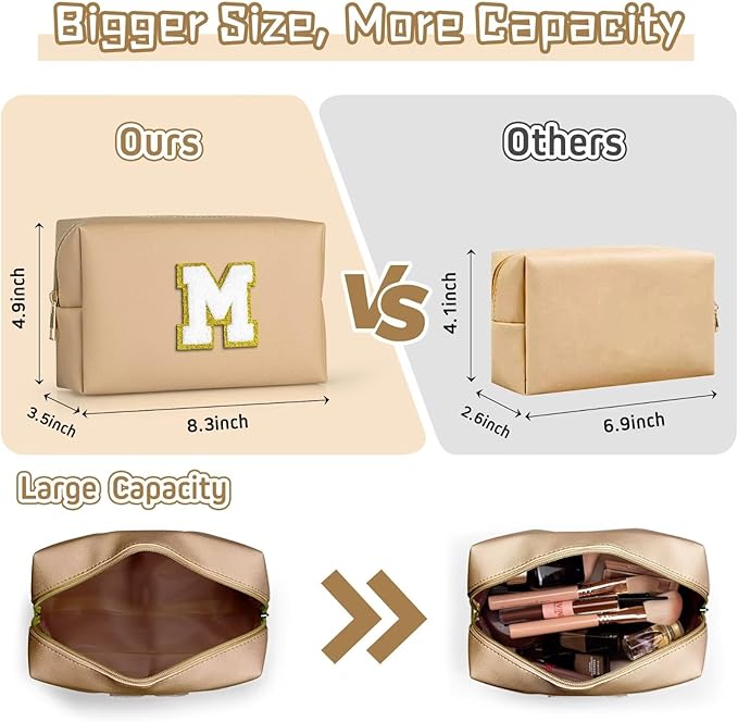 TOPEAST Preppy Makeup Bag, Personalized Initial Bags with Zipper, Cute Makeup Pouch, PU Leather Waterproof Cosmetic Bag, Birthday Gift for Daughter, Preppy Things for Girls (Khaki A)