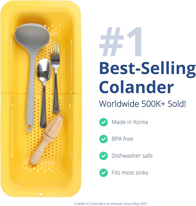 BLUE GINKGO Over the Sink Colander Strainer Basket - Wash Vegetables and Fruits, Drain Cooked Pasta and Dry Dishes - Extendable - New Home Kitchen Essentials (7.9 W x 14.5-19.5 L x 2.75 H) - Yellow