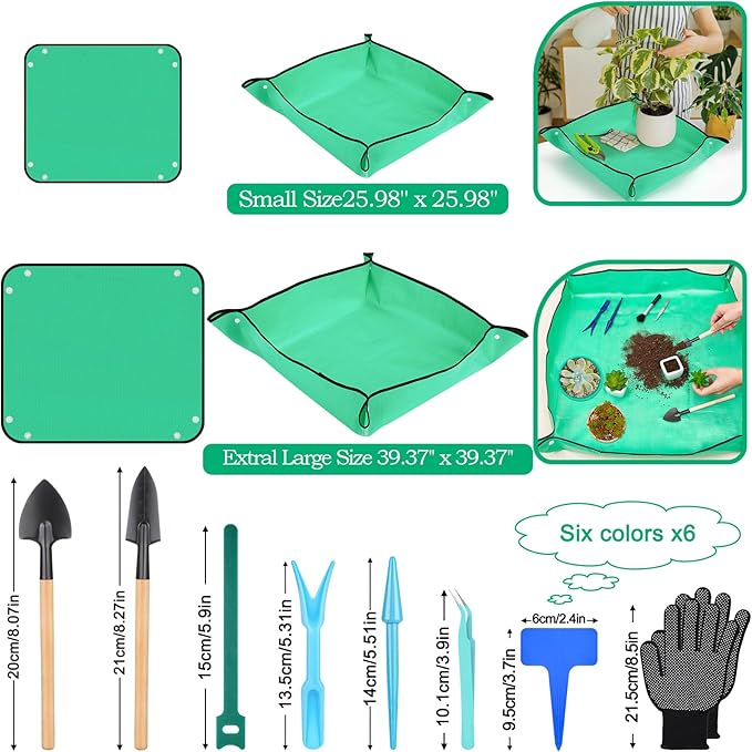 2Pcs Repotting Mat - Large 39'' & Small 26'' Foldable Waterproof Plant Gardening Mat with Accessories, Portable Potting Tray for House Plants & Succulents