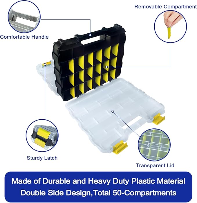 Double Side Tool Box Organizer, Hardware Storage Box, Portable Small Parts Organizer with Removable Plastic Dividers for Screws, Nuts, Nails, Bolts, Yellow