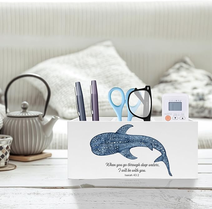 Whale Shark Bible Verses Pen Pencil Holder, Inspirational Christian Desk Decor, When You Go Through Deep Waters Scripture Pencil Pen Holder Organizer for Home Office Desk Accessories