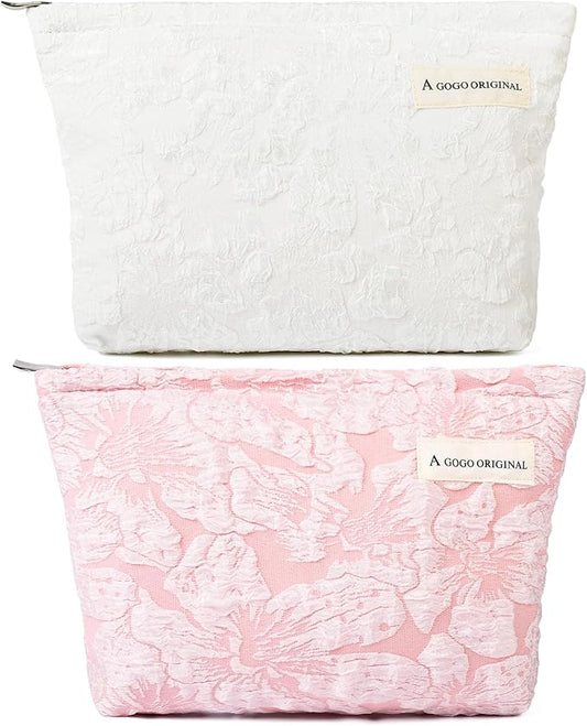SOIDRAM 2 Pieces Flower Makeup Bag Large Floral Cosmetic Bag Capacity Canvas Travel Toiletry Bag Organizer Cute Makeup Brushes Aesthetic Accessories Storage Bag for Women, Flower L White Pink